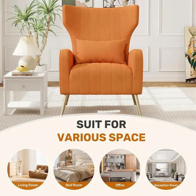 Alt view image 4 of 7 - Orange Velvet Accent Chair Set of 4, Wingback Chair for Living Room, High Back Arm Chair with Golden Legs Lumbar Pillow, Upholstered Single Sofa Bedroom