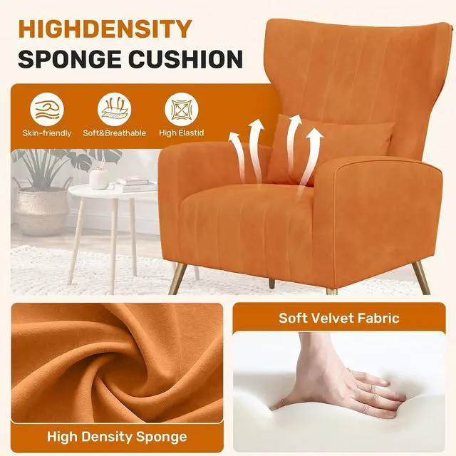 Alt view image 5 of 7 - Orange Velvet Accent Chair Set of 4, Wingback Chair for Living Room, High Back Arm Chair with Golden Legs Lumbar Pillow, Upholstered Single Sofa Bedroom