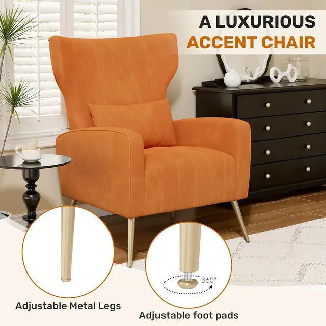 Alt view image 6 of 7 - Orange Velvet Accent Chair Set of 4, Wingback Chair for Living Room, High Back Arm Chair with Golden Legs Lumbar Pillow, Upholstered Single Sofa Bedroom