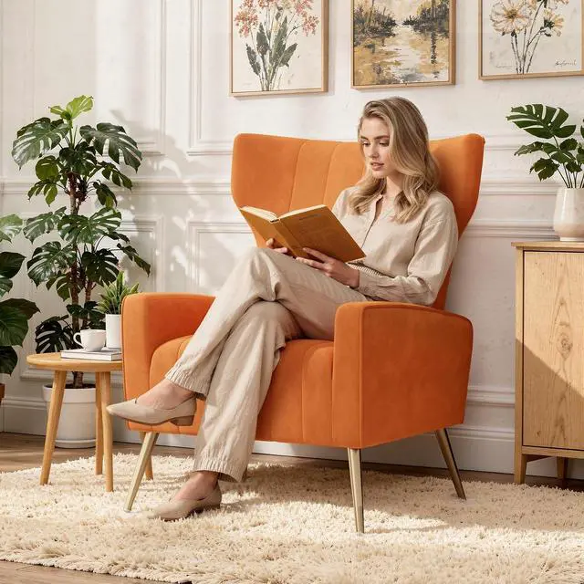 Alt view image 7 of 7 - Orange Velvet Accent Chair Set of 4, Wingback Chair for Living Room, High Back Arm Chair with Golden Legs Lumbar Pillow, Upholstered Single Sofa Bedroom