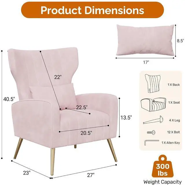 Alt view image 2 of 7 - Velvet Accent Chair Wingback for Living Room, High Back Arm Chair with Golden Legs Lumbar Pillow, Upholstered Single Sofa Bedroom Pink