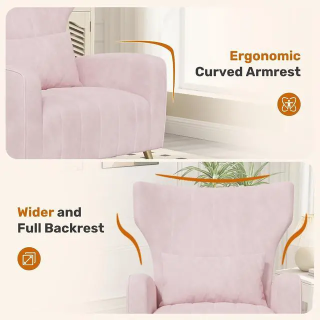 Alt view image 3 of 7 - Velvet Accent Chair Wingback for Living Room, High Back Arm Chair with Golden Legs Lumbar Pillow, Upholstered Single Sofa Bedroom Pink