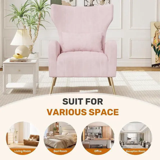 Alt view image 4 of 7 - Velvet Accent Chair Wingback for Living Room, High Back Arm Chair with Golden Legs Lumbar Pillow, Upholstered Single Sofa Bedroom Pink