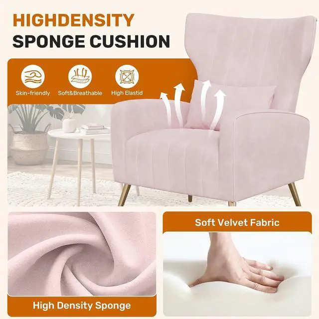 Alt view image 5 of 7 - Velvet Accent Chair Wingback for Living Room, High Back Arm Chair with Golden Legs Lumbar Pillow, Upholstered Single Sofa Bedroom Pink