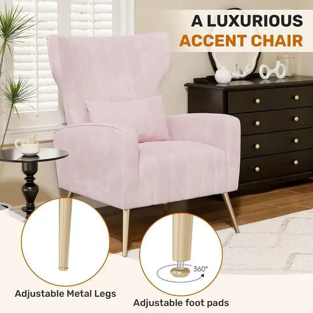 Alt view image 6 of 7 - Velvet Accent Chair Wingback for Living Room, High Back Arm Chair with Golden Legs Lumbar Pillow, Upholstered Single Sofa Bedroom Pink