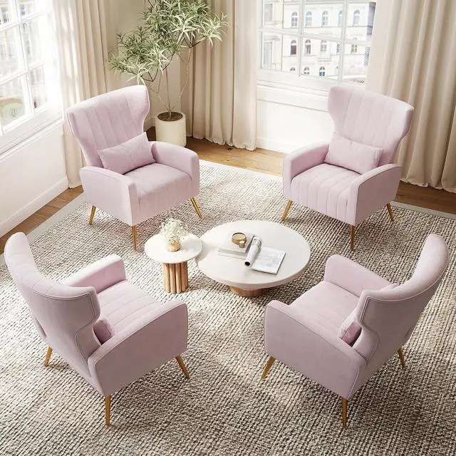 Main image of Pink Velvet Accent Chair Set of 4, Wingback Chair for Living Room, High Back Arm Chair with Golden Legs Lumbar Pillow, Upholstered Single Sofa Bedroom