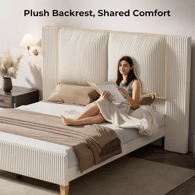 Alt view image 3 of 7 - Queen Size Bed Frame with 51" Tall Headboard, Upholstered Corduroy Platform Bed, Easy Assembly, No Box Spring Needed, Beige