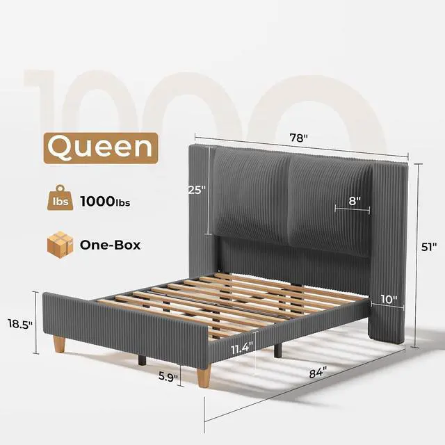 Alt view image 2 of 7 - Queen Size Bed Frame with 51" Tall Headboard, Upholstered Corduroy Platform Bed, Easy Assembly, No Box Spring Needed, Gray
