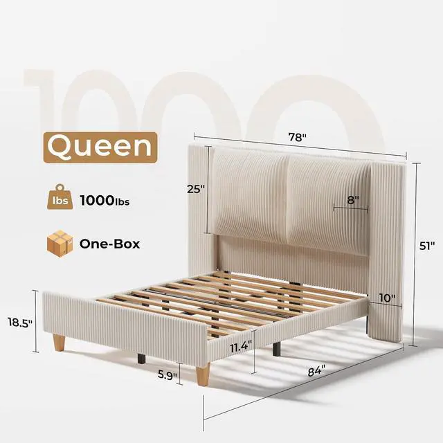 Alt view image 2 of 7 - Queen Size Bed Frame with 51" Tall Headboard, Upholstered Corduroy Platform Bed, Easy Assembly, No Box Spring Needed, Beige
