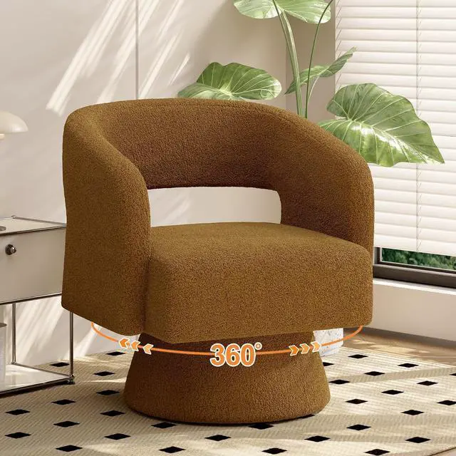 Main image of Swivel Barrel Accent Chair,Oversized Teddy Upholstered Round Swivel Chair,Modern Luxury 360 Degree Living Room Vanity Chair for Bedroom Office,Brown,1PCS