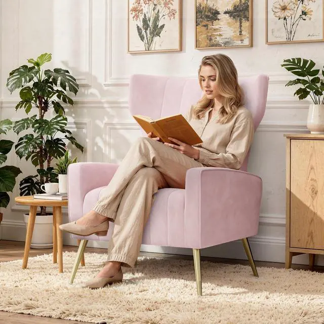 Alt view image 7 of 7 - Velvet Accent Chair Wingback for Living Room, High Back Arm Chair with Golden Legs Lumbar Pillow, Upholstered Single Sofa Bedroom Pink