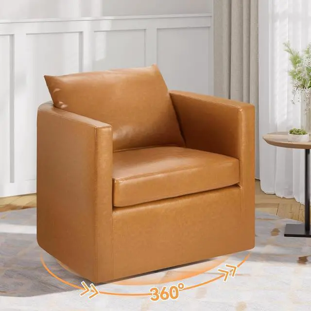 Alt view image 3 of 6 - PU Leather Swivel Accent Chairs, Upholstered Mid Century Barrel Armchair for Living Room, Bedroom