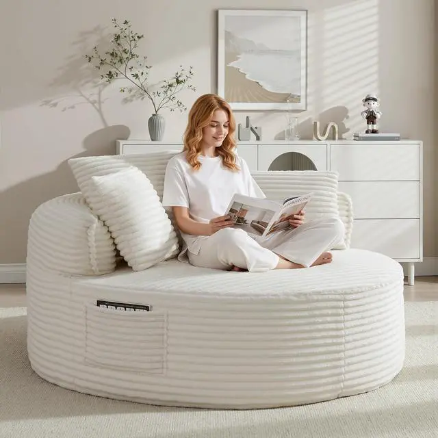Main image of Oversized Round Lounge Chair Indoor, Corduroy Upholstered Deep Seat Cloud Circle Sofa Chair, Fluffy Boneless Sleeper Chair for Reading & Lounging, No Assembly Required (Beige)