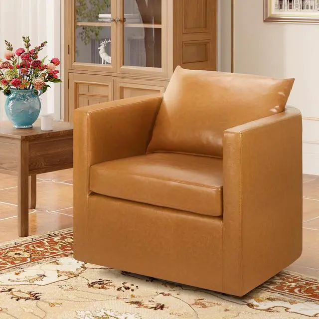 Alt view image 6 of 6 - PU Leather Swivel Accent Chairs, Upholstered Mid Century Barrel Armchair for Living Room, Bedroom