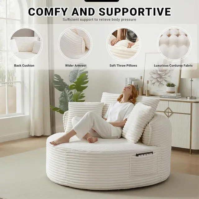 Alt view image 3 of 7 - Oversized Round Lounge Chair Indoor, Corduroy Upholstered Deep Seat Cloud Circle Sofa Chair, Fluffy Boneless Sleeper Chair for Reading & Lounging, No Assembly Required (Beige)