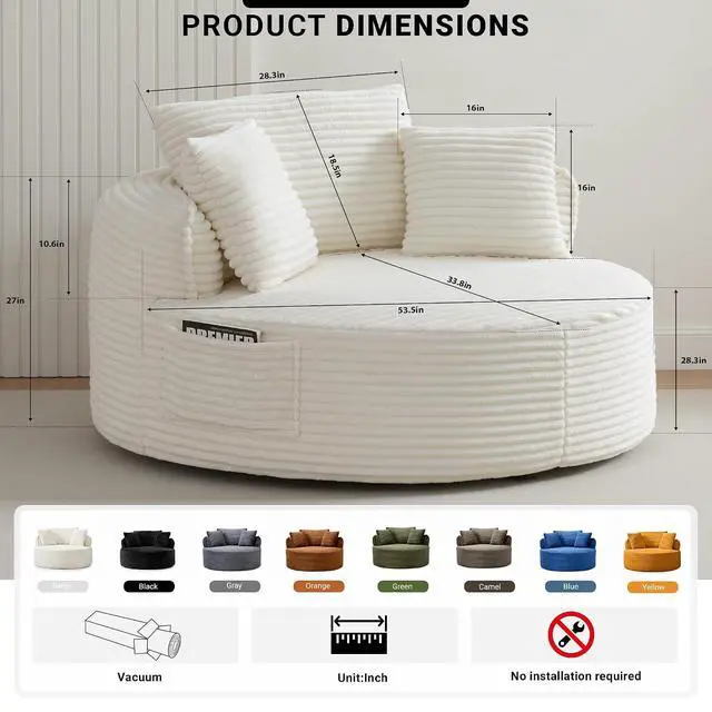 Alt view image 2 of 7 - Oversized Round Lounge Chair Indoor, Corduroy Upholstered Deep Seat Cloud Circle Sofa Chair, Fluffy Boneless Sleeper Chair for Reading & Lounging, No Assembly Required (Beige)