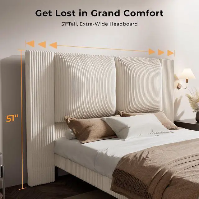 Alt view image 4 of 7 - Queen Size Bed Frame with 51" Tall Headboard, Upholstered Corduroy Platform Bed, Easy Assembly, No Box Spring Needed, Beige