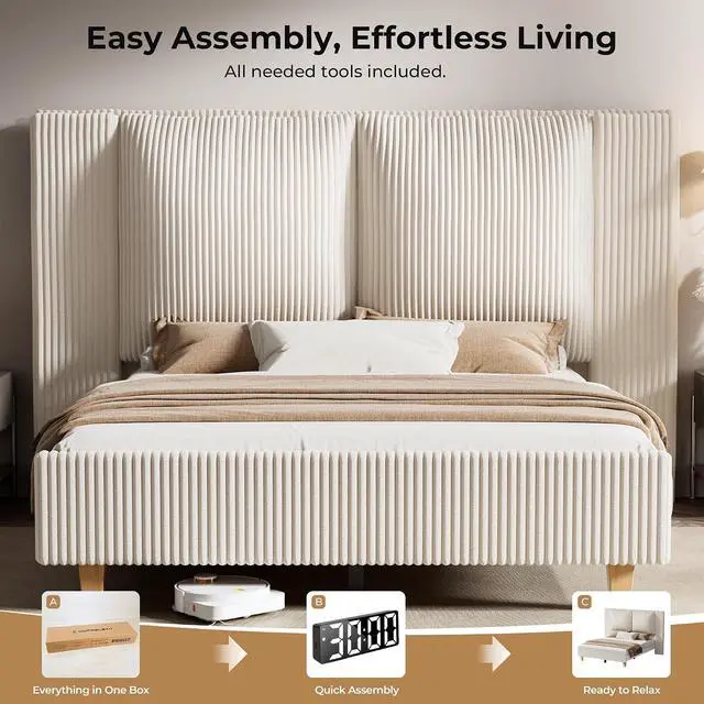 Alt view image 6 of 7 - Queen Size Bed Frame with 51" Tall Headboard, Upholstered Corduroy Platform Bed, Easy Assembly, No Box Spring Needed, Beige