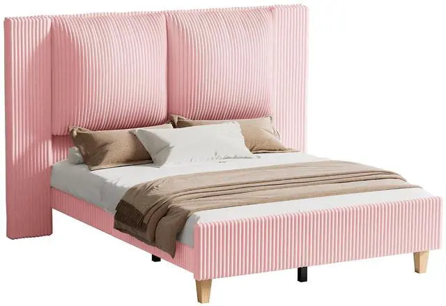 Main image of Queen Size Bed Frame with 51" Tall Headboard, Upholstered Corduroy Platform Bed, Easy Assembly, No Box Spring Needed, Pink