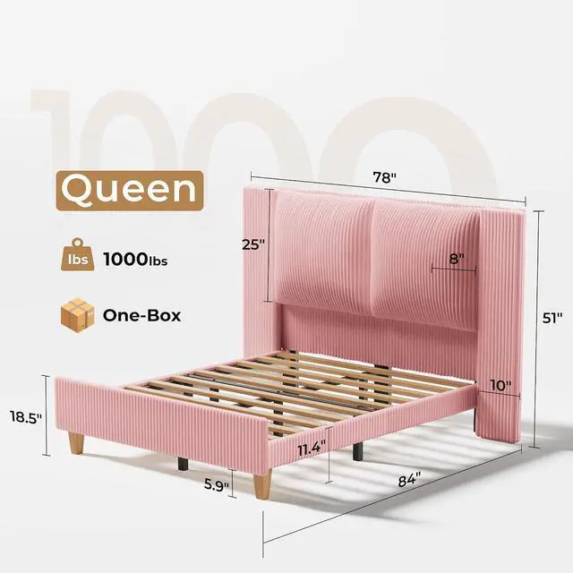 Alt view image 2 of 7 - Queen Size Bed Frame with 51" Tall Headboard, Upholstered Corduroy Platform Bed, Easy Assembly, No Box Spring Needed, Pink