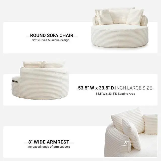 Alt view image 5 of 7 - Oversized Round Lounge Chair Indoor, Corduroy Upholstered Deep Seat Cloud Circle Sofa Chair, Fluffy Boneless Sleeper Chair for Reading & Lounging, No Assembly Required (Beige)