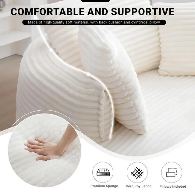 Alt view image 4 of 7 - Oversized Round Lounge Chair Indoor, Corduroy Upholstered Deep Seat Cloud Circle Sofa Chair, Fluffy Boneless Sleeper Chair for Reading & Lounging, No Assembly Required (Beige)