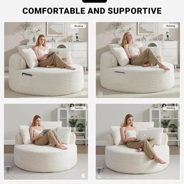 Alt view image 6 of 7 - Oversized Round Lounge Chair Indoor, Corduroy Upholstered Deep Seat Cloud Circle Sofa Chair, Fluffy Boneless Sleeper Chair for Reading & Lounging, No Assembly Required (Beige)