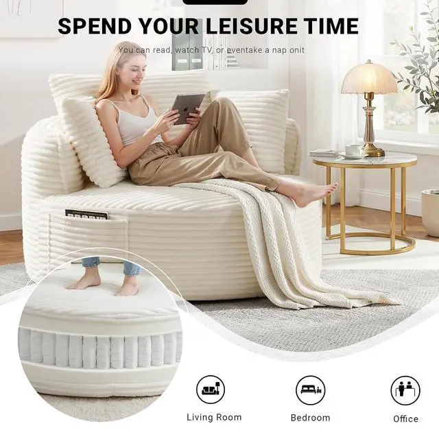 Alt view image 7 of 7 - Oversized Round Lounge Chair Indoor, Corduroy Upholstered Deep Seat Cloud Circle Sofa Chair, Fluffy Boneless Sleeper Chair for Reading & Lounging, No Assembly Required (Beige)