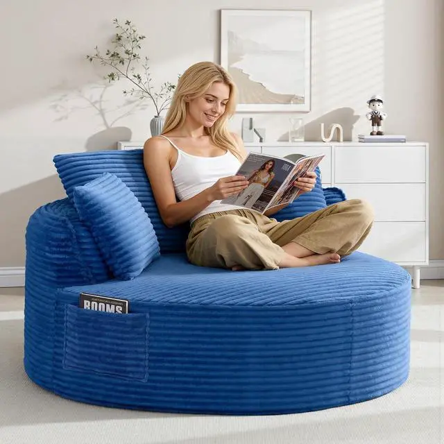 Main image of Oversized Round Lounge Chair Indoor, Corduroy Upholstered Deep Seat Cloud Circle Sofa Chair, Fluffy Boneless Sleeper Chair for Reading & Lounging, No Assembly Required (Blue)