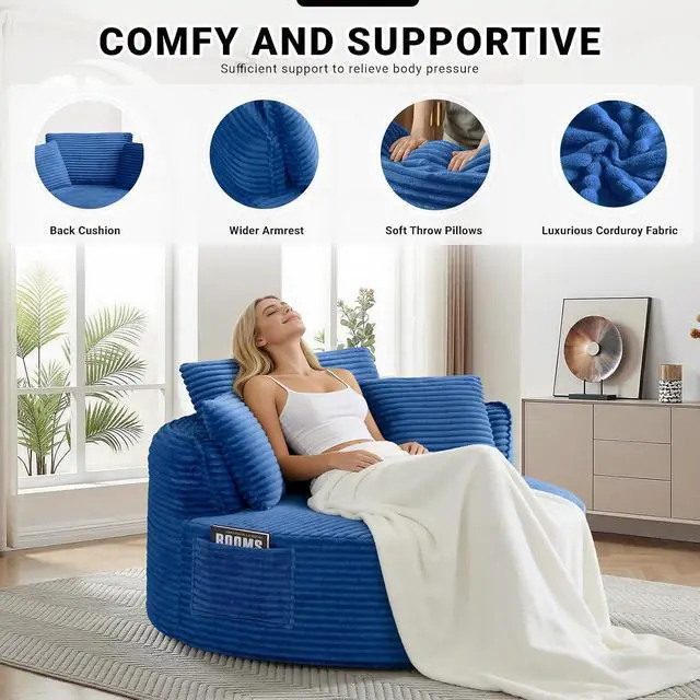 Alt view image 3 of 7 - Oversized Round Lounge Chair Indoor, Corduroy Upholstered Deep Seat Cloud Circle Sofa Chair, Fluffy Boneless Sleeper Chair for Reading & Lounging, No Assembly Required (Blue)