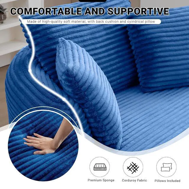 Alt view image 4 of 7 - Oversized Round Lounge Chair Indoor, Corduroy Upholstered Deep Seat Cloud Circle Sofa Chair, Fluffy Boneless Sleeper Chair for Reading & Lounging, No Assembly Required (Blue)