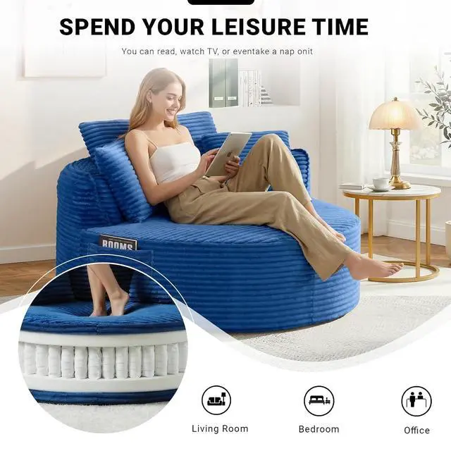Alt view image 6 of 7 - Oversized Round Lounge Chair Indoor, Corduroy Upholstered Deep Seat Cloud Circle Sofa Chair, Fluffy Boneless Sleeper Chair for Reading & Lounging, No Assembly Required (Blue)