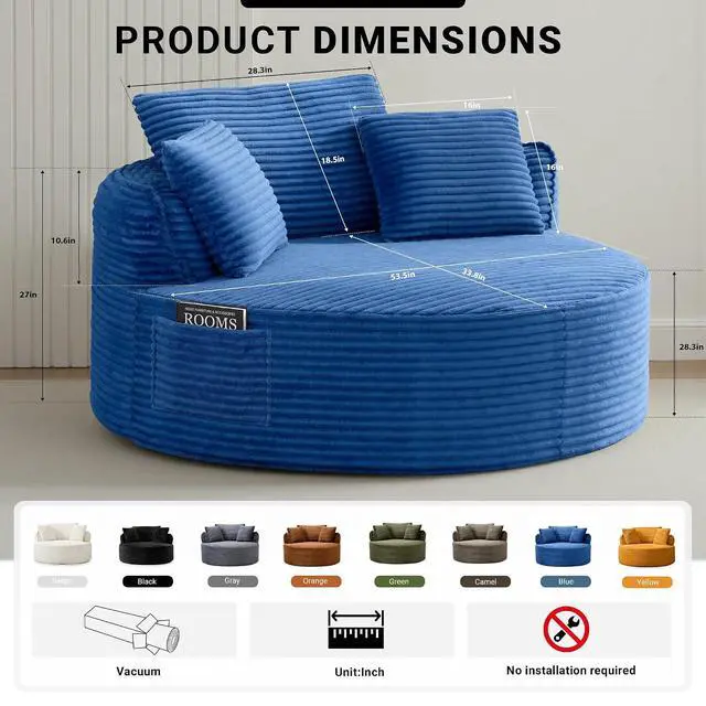 Alt view image 2 of 7 - Oversized Round Lounge Chair Indoor, Corduroy Upholstered Deep Seat Cloud Circle Sofa Chair, Fluffy Boneless Sleeper Chair for Reading & Lounging, No Assembly Required (Blue)