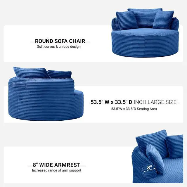 Alt view image 5 of 7 - Oversized Round Lounge Chair Indoor, Corduroy Upholstered Deep Seat Cloud Circle Sofa Chair, Fluffy Boneless Sleeper Chair for Reading & Lounging, No Assembly Required (Blue)