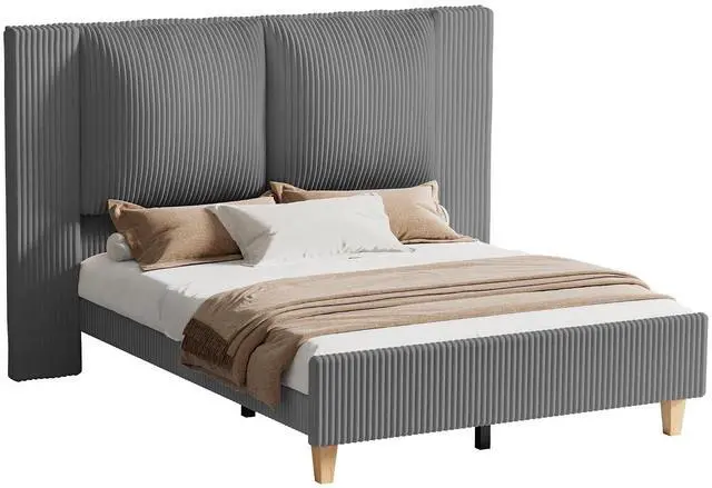 Main image of King Size Bed Frame with 51" Tall Headboard, Upholstered Corduroy Platform Bed, Easy Assembly, No Box Spring Needed, Gray