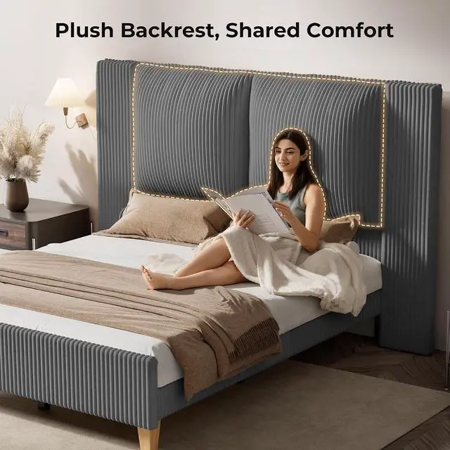 Alt view image 3 of 7 - King Size Bed Frame with 51" Tall Headboard, Upholstered Corduroy Platform Bed, Easy Assembly, No Box Spring Needed, Gray