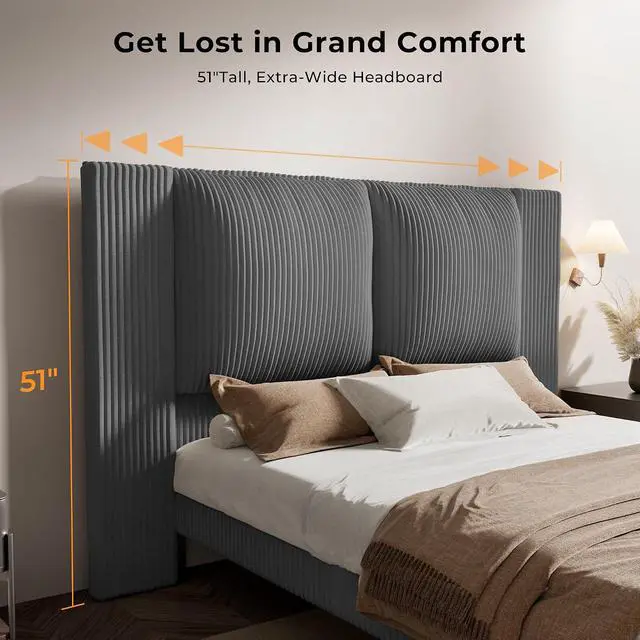 Alt view image 4 of 7 - King Size Bed Frame with 51" Tall Headboard, Upholstered Corduroy Platform Bed, Easy Assembly, No Box Spring Needed, Gray
