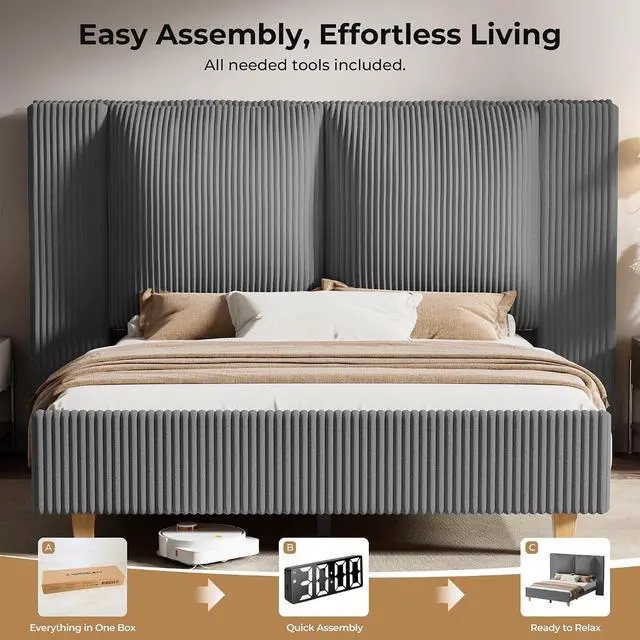 Alt view image 6 of 7 - King Size Bed Frame with 51" Tall Headboard, Upholstered Corduroy Platform Bed, Easy Assembly, No Box Spring Needed, Gray