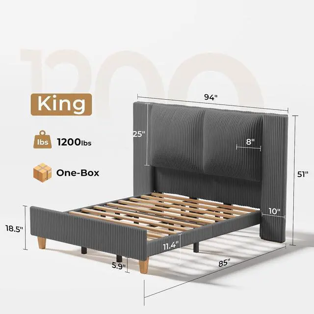 Alt view image 2 of 7 - King Size Bed Frame with 51" Tall Headboard, Upholstered Corduroy Platform Bed, Easy Assembly, No Box Spring Needed, Gray