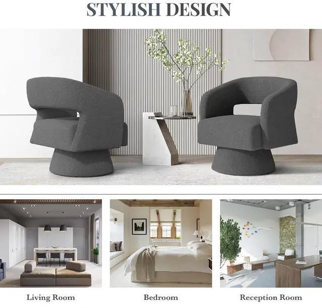 Alt view image 6 of 6 - Swivel Barrel Accent Chair,Oversized Teddy Upholstered Round Swivel Chair,Modern Luxury 360 Degree Living Room Vanity Chair for Bedroom Office,Gray,2PCS