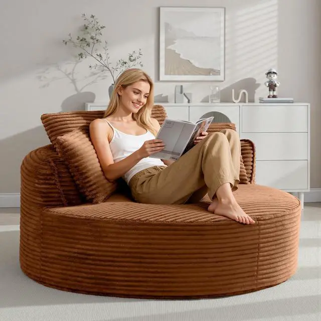 Main image of Oversized Round Lounge Chair Indoor, Corduroy Upholstered Deep Seat Cloud Circle Sofa Chair, Fluffy Boneless Sleeper Chair for Reading & Lounging, No Assembly Required (Orange)