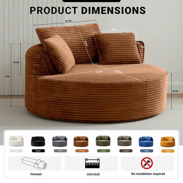 Alt view image 2 of 7 - Oversized Round Lounge Chair Indoor, Corduroy Upholstered Deep Seat Cloud Circle Sofa Chair, Fluffy Boneless Sleeper Chair for Reading & Lounging, No Assembly Required (Orange)