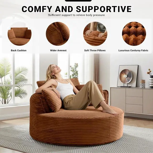Alt view image 3 of 7 - Oversized Round Lounge Chair Indoor, Corduroy Upholstered Deep Seat Cloud Circle Sofa Chair, Fluffy Boneless Sleeper Chair for Reading & Lounging, No Assembly Required (Orange)