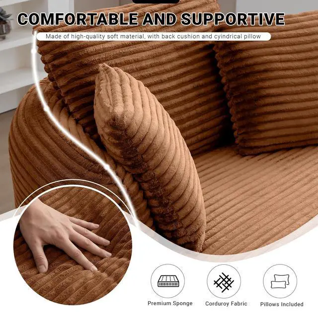 Alt view image 4 of 7 - Oversized Round Lounge Chair Indoor, Corduroy Upholstered Deep Seat Cloud Circle Sofa Chair, Fluffy Boneless Sleeper Chair for Reading & Lounging, No Assembly Required (Orange)