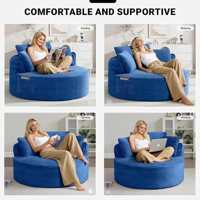 Alt view image 7 of 7 - Oversized Round Lounge Chair Indoor, Corduroy Upholstered Deep Seat Cloud Circle Sofa Chair, Fluffy Boneless Sleeper Chair for Reading & Lounging, No Assembly Required (Blue)