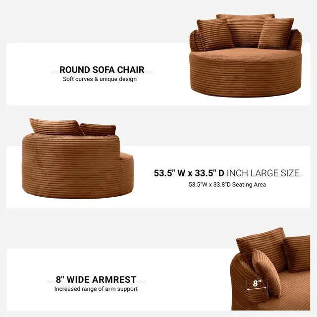 Alt view image 5 of 7 - Oversized Round Lounge Chair Indoor, Corduroy Upholstered Deep Seat Cloud Circle Sofa Chair, Fluffy Boneless Sleeper Chair for Reading & Lounging, No Assembly Required (Orange)
