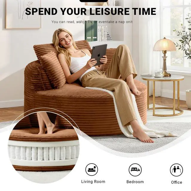 Alt view image 7 of 7 - Oversized Round Lounge Chair Indoor, Corduroy Upholstered Deep Seat Cloud Circle Sofa Chair, Fluffy Boneless Sleeper Chair for Reading & Lounging, No Assembly Required (Orange)