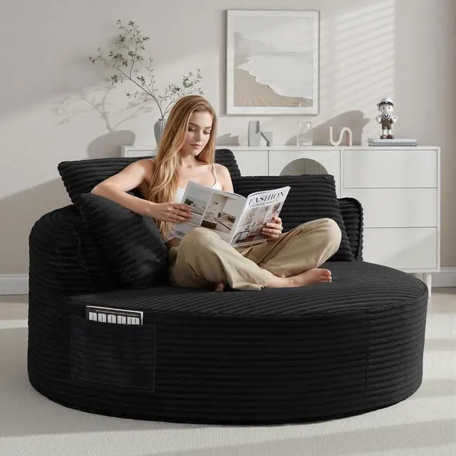Main image of Oversized Round Lounge Chair Indoor, Corduroy Upholstered Deep Seat Cloud Circle Sofa Chair, Fluffy Boneless Sleeper Chair for Reading & Lounging, No Assembly Required (Black)