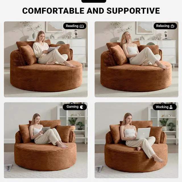 Alt view image 6 of 7 - Oversized Round Lounge Chair Indoor, Corduroy Upholstered Deep Seat Cloud Circle Sofa Chair, Fluffy Boneless Sleeper Chair for Reading & Lounging, No Assembly Required (Orange)