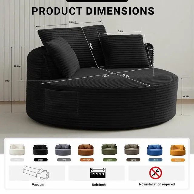 Alt view image 2 of 7 - Oversized Round Lounge Chair Indoor, Corduroy Upholstered Deep Seat Cloud Circle Sofa Chair, Fluffy Boneless Sleeper Chair for Reading & Lounging, No Assembly Required (Black)